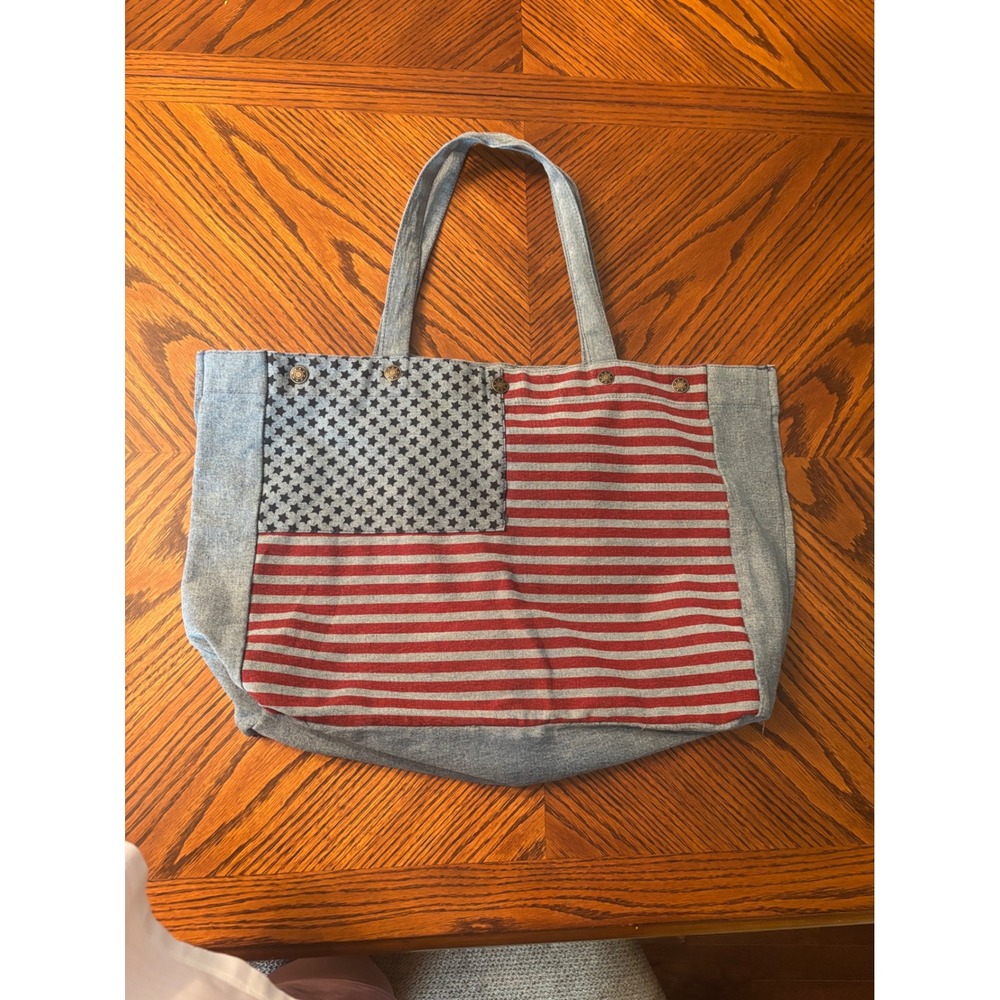 DG2 Diane Gilman Denim American Flag Tote Bag Stars Stripes Blue Red Large